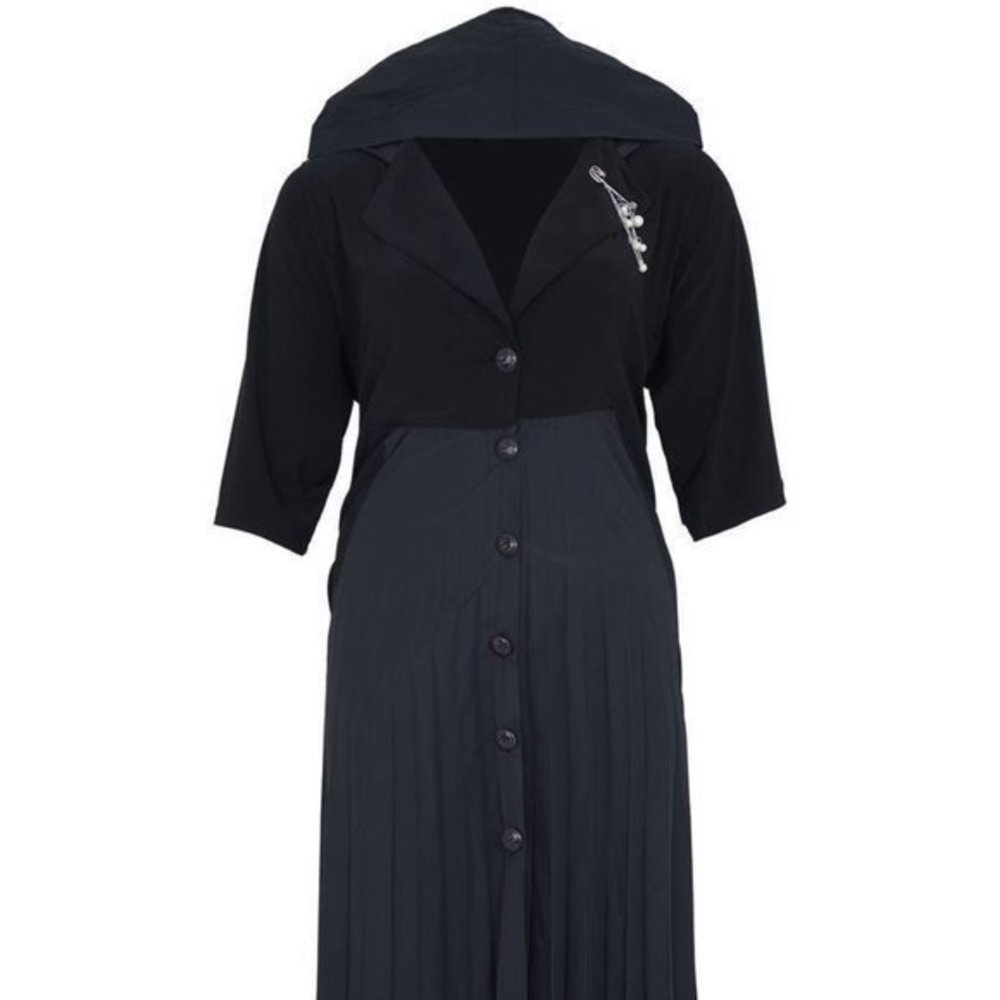 Designer black elegant dress hooded front buttons amazing pin plus sizes